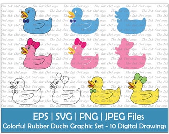 Rubber Duck Vector Clipart / Outline, Silhouette Stamp & Color Drawing Graphic / Gender Reveal with Blue, Pink, Yellow / PNG, JPG, SVG, Eps