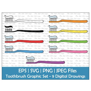Clipart / contorno vetorial do ícone da escova de dentes, carimbo de silhueta e gráfico colorido / sublimação / higiene dental / PNG, JPG, SVG, Eps