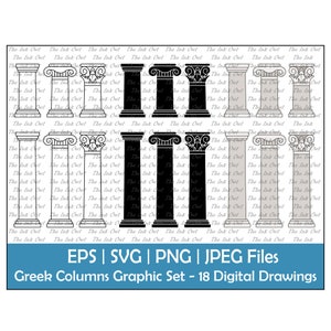 Conjunto de imágenes prediseñadas vectoriales de columna griega simple / Contorno, silueta y gráfico de color / Dórico, jónico y corintio / Png, Svg, Eps, Jpg