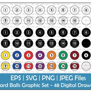 Billiards or Pool Balls Vector Clipart Set / Outline, Silhouette & Color Graphics / Sports / Solids, Stripes / PNG, JPG, SVG, Eps