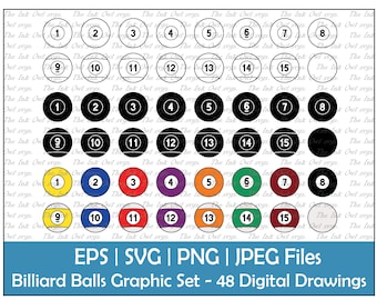 Billar o bolas de billar Juego de imágenes prediseñadas vectoriales / Contorno, silueta y color Gráficos / Deportes / Sólidos, Rayas / PNG, JPG, SVG, Eps