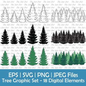 Set di clipart vettoriali albero e foresta / Contorno, Silhouette e Grafica di disegno a colori / Sempreverde di pino o abete rosso / Linea degli alberi / Png, Eps, Jpg, Svg
