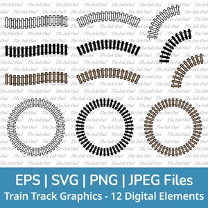 Train Tracks Extended Svg Vector Clipart Set / Outline, Silhouette Stamp & Color Graphics / Turn, Circle, Curve / Png, Jpg, Svg, Eps