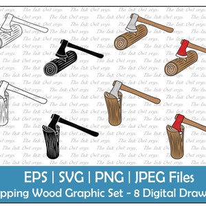 Axe Chopping a Wood Log Clipart Set / Outline, Stamp & Color Drawing Graphic / Lumberjack / Commercial Use / PNG, JPG, SVG, Eps