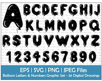Alfabeto de letras de globo y números vector clipart / Gráficos de texto de sello / ABC 123 Logos banners / PNG, JPG, svg, Eps