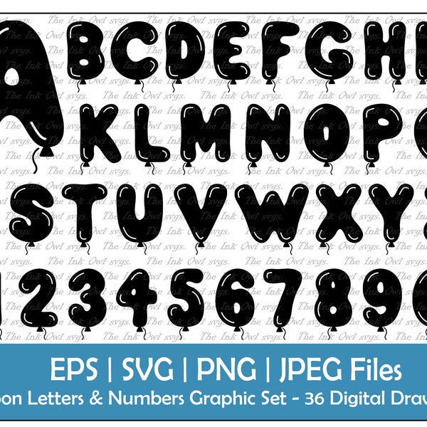 Ballon Buchstabe Alphabet und Zahlen Vektor Clipart / Stempel Text Grafik / ABC 123 Logos Banner / PNG, JPG, svg, Eps