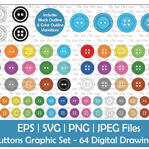 Knoppen Vector Clipart Combo Set / Overzicht, Silhouet & Kleur Tekenen Grafisch / Naaien Ambachten / Png, Jpg, Svg, Eps