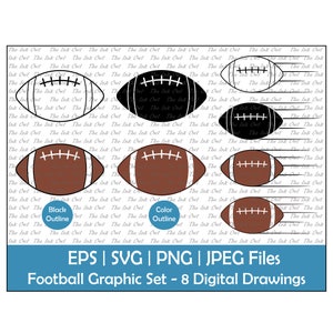 Set di disegni di football americano clipart vettoriali / contorni, timbri silhouette e illustrazioni di icone di disegno a colori / Svg, Png, Eps, Jpg