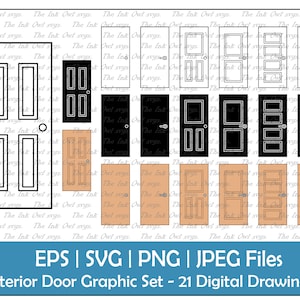 Interior Door Vector Clipart Set / Outline, Stamp & Color Drawing Graphics / Front Entrance and Exit / Wood / PNG, JPG, SVG, Eps