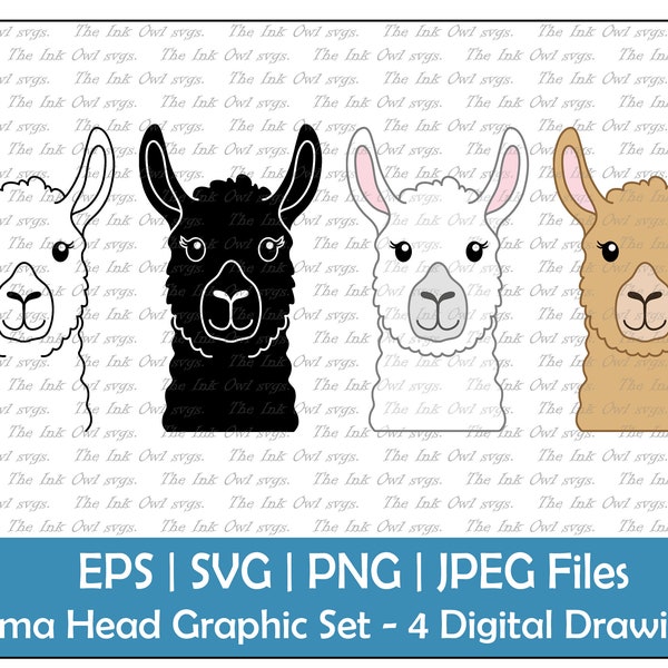 Llama Head and Face Vector Clipart Set / Outline & Stamp Drawing Graphic / PNG, JPG, SVG, Eps
