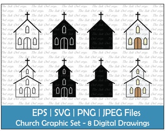 Church Building Vector Clipart Set / Outline & Stamp Drawing Graphic / Religious / PNG, JPG, SVG, Eps