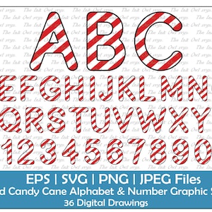 Candy Cane Rayed Alphabet Letters & Numbers Vector Clipart / Gráficos de texto navideño / ABC 123 Font Banners / Rojo / PNG, JPG, svg, Eps