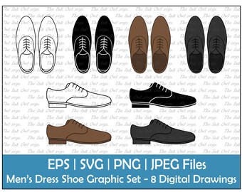 Men's Dress Shoes Vector Clipart Set / Outline & Stamp Drawing Graphic / From Above and Side / PNG, JPG, SVG, Eps