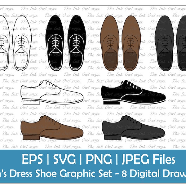 Chaussures habillées pour hommes Vector Clipart Set / Contour & Stamp Drawing Graphic / D’en haut et de côté / PNG, JPG, SVG, Eps