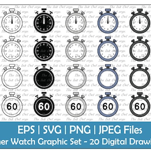 May include: Set of 20 digital drawings of a timer watch in various colors and styles. The timer watch is a circle with a black outline and a white face. The numbers 60 are displayed on the face of the watch. The timer watch is in black, white, gray, and blue.