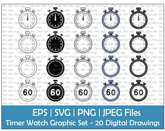 Stoppuhr oder Countdown Clipart Set / Outline, Silhouette Stempel & Farbe Zeichnung Grafik / Track and Field Racing / Png, Jpg, SVG, Eps