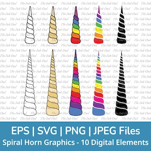Unicorn Horn Svg Vector Clipart Set / Outline, Stamp Silhouette and Rainbow Color Drawing Graphic / Fantasy / Png, Jpg, Svg, Eps