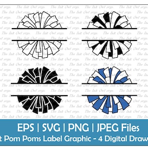 Könnte beinhalten: Vier digitale Zeichnungen von geteilten Pompons. Die Pompons sind in Schwarzweiß, Schwarz, Weiß und Blau sowie Blau und Weiß. Die Pompons sind in der Mitte geteilt, mit Platz für Text. Der Text "EPS | SVG | PNG | JPEG Files" und "Split Pom Poms Label Graphic - 4 Digital Drawings" befindet sich am unteren Rand des Bildes.