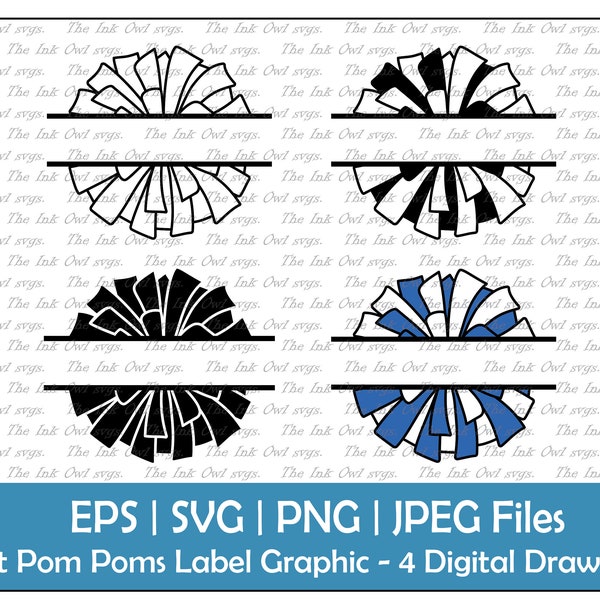 Split Cheerleader Pom-Poms Vector Clipart Set / Outline, Stamp & Color Drawing Graphic / Break Template / Sport / PNG, JPG, SVG, Eps