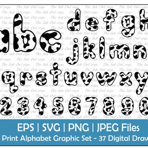 May include: A digital graphic set featuring a cow print alphabet and numbers. The black and white letters and numbers have a rounded, bubble-like design. The set includes EPS, SVG, PNG, and JPEG files. The text at the bottom reads: Cow Print Alphabet Graphic Set - 37 Digital Drawings.