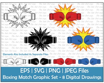 Boxing Glove Fight Match Vector Clipart Set / Outline, Stamp and Color Graphics / Sports Equipment / PNG, JPG, SVG, Eps
