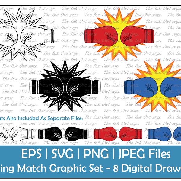 Boxing Glove Fight Match Vector Clipart Set / Outline, Stamp and Color Graphics / Sports Equipment / PNG, JPG, SVG, Eps