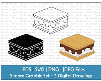 S'more Marshmallow Treat Vector Clipart / Outline & Stamp Drawing Graphic / Camping Food / PNG, JPG, SVG, Eps