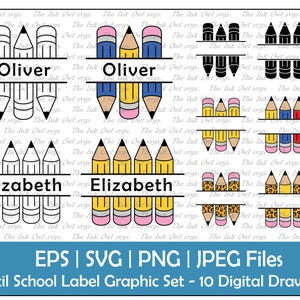 May include: A set of 10 digital drawings of pencil school labels. The labels feature different colored pencils and the names "Oliver" and "Elizabeth".