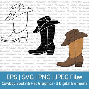 Botte de cow-boy et chapeau Svg Vector Clipart / contour, timbre Silhouette & couleur dessin graphique / sublimation western / Png, Svg, Jpg, Eps