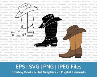 Clipart vettoriali di stivali e cappelli da cowboy in formato SVG / Contorno, timbro, silhouette e disegno grafico a colori / Sublimazione Western / PNG, SVG, Jpg, Eps