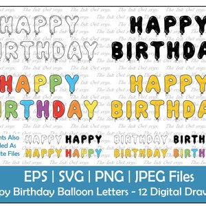 Feliz Aniversário Balão Carta Texto Clipart / Contorno e Carimbo Gráficos de Texto / Banners de Logotipos / PNG, JPG, svg, Eps