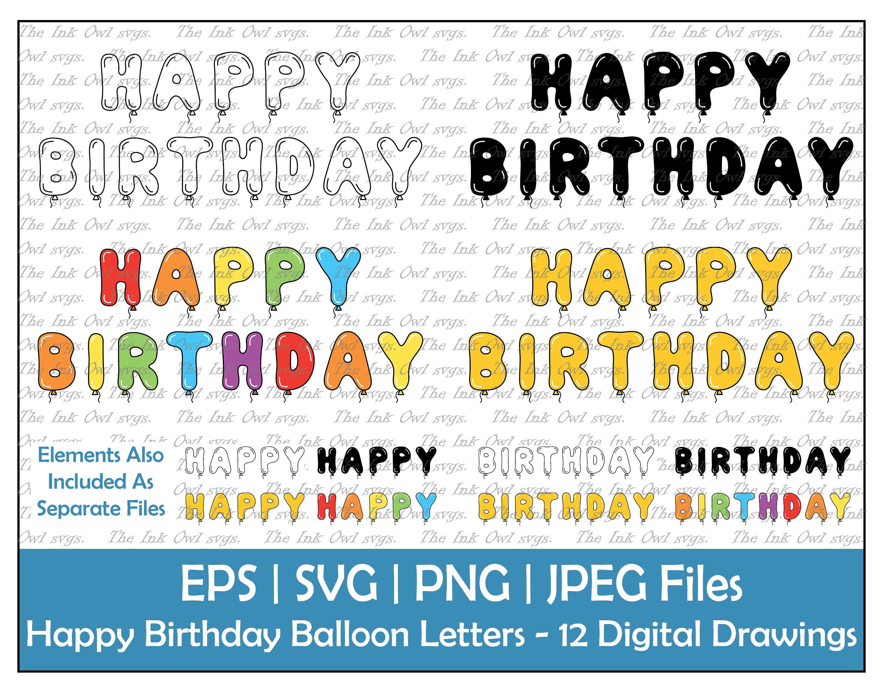 Happy Birthday Balloon Letter Text Clipart Outline Stamp Text Graphics Logos Banners PNG JPG svg Eps
