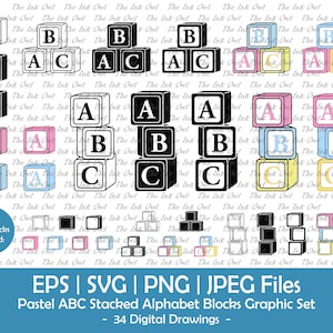Pastell ABC Alphabet Blöcke Vektor Clipart / Umriss, Silhouette Stempel & Farbe Zeichnung Illustrationen / Kinderzimmer Grafik / PNG, JPG, svg, Eps