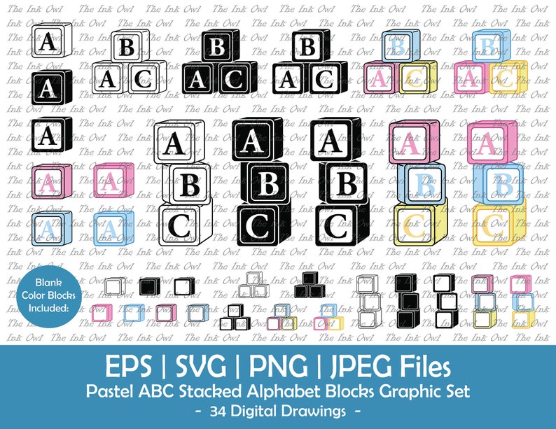 Outlined Blocks Pastel ABC Alphabet Blocks Vector Clipart / Outline, Silhouette Stamp ...