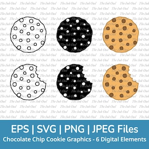 Conjunto de imágenes prediseñadas vectoriales de galletas con chispas de chocolate: contorno, silueta de sello y dibujo a color, gráficos de comida, PNG, SVG, EPS, JPG