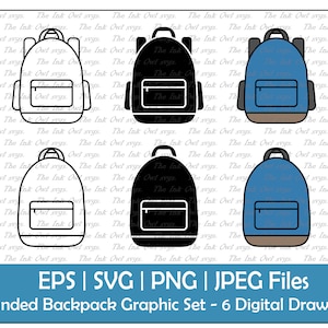 Sac à dos arrondi Dessin Clipart Set / Contour & Tampon Dessin Illustrations / Sac d’école / Retour à l’école / PNG, JPG, SVG, Eps