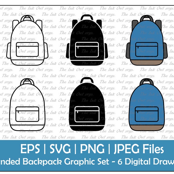 Rounded Backpack Bag Drawing Clipart Set / Outline & Stamp Drawing Illustrations / School Bag / Back to School / PNG, JPG, SVG, Eps