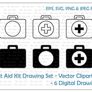 Kit de primeros auxilios Vector Clipart Set / Outline & Stamp Drawing Illustrations / Suitcase / PNG, JPG, SVG, Eps