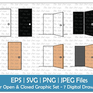 Tür offen und geschlossen Vektor Clipart Set / Umriss, Silhouette Stempel & Farbe Zeichnung Illustrationen / PNG, JPG, SVG, Eps