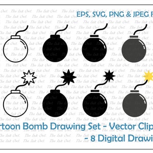 Cartoon Bomb Vector Clipart Set / Outline & Stamp Drawing Illustrations / PNG, JPG, SVG, Eps