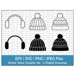 May include: A set of six black and white winter wear illustrations. The illustrations include a beanie with a pom pom, a beanie with a zig-zag pattern, a beanie with a fold-over brim, and earmuffs.