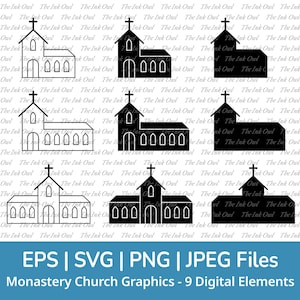 Monastery Convent Church Svg Vector Clipart / Outline, Stamp Silhouette & Color Drawing Graphic / Religious Building / Png, Svg, Jpg, Eps