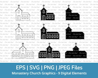 Kloster Kloster Kirche Clipart / Outline, Stempel Silhouette & Farbzeichnung Grafik / Religiöses Gebäude / Png, SVG, Jpg, Eps