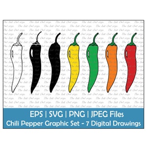 Chili Pepper Clipart Set / Outline, Silhouette Stamp & Color Graphics / Vegetable / Sublimation / PNG, JPG, SVG, Eps