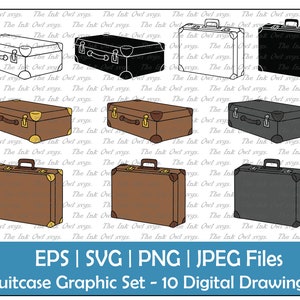 Valise rétro ou porte-documents de travail Vector Clipart Set / contour, timbre Silhouette & illustration graphique couleur / Svg, Png, Eps, Jpg