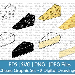 Cheese Clipart Set / Swiss and Brie / Outline, Silhouette Stamp & Color Graphic Illustrations / Food Sublimation / Png, Svg, Jpg, Eps