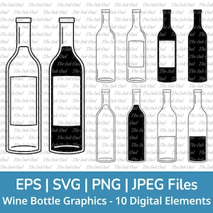 Wijnfles Svg Vector Clipart Set / overzicht & stempel silhouet tekening illustraties / met label, half gevuld / Png, Jpg, Svg, Eps