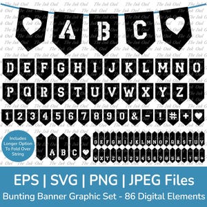 Bandeiras de faixa de bandeirinhas dobráveis, alfabeto, letras e números, clipart / silhueta, gráfico / guirlanda pendurada / festa / png, svg, jpg, eps