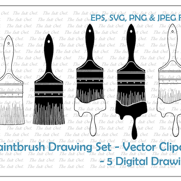 Paintbrush with Paint Vector Clipart Set / Outline & Stamp Drawing Illustrations / PNG, JPG, SVG, Eps