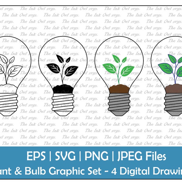 Plant Light Bulb Vector Clipart Set / Outline & Stamp Drawing Illustrations / Green Energy / Greenhouse Terrarium / Svg, Png, Eps, Jpg